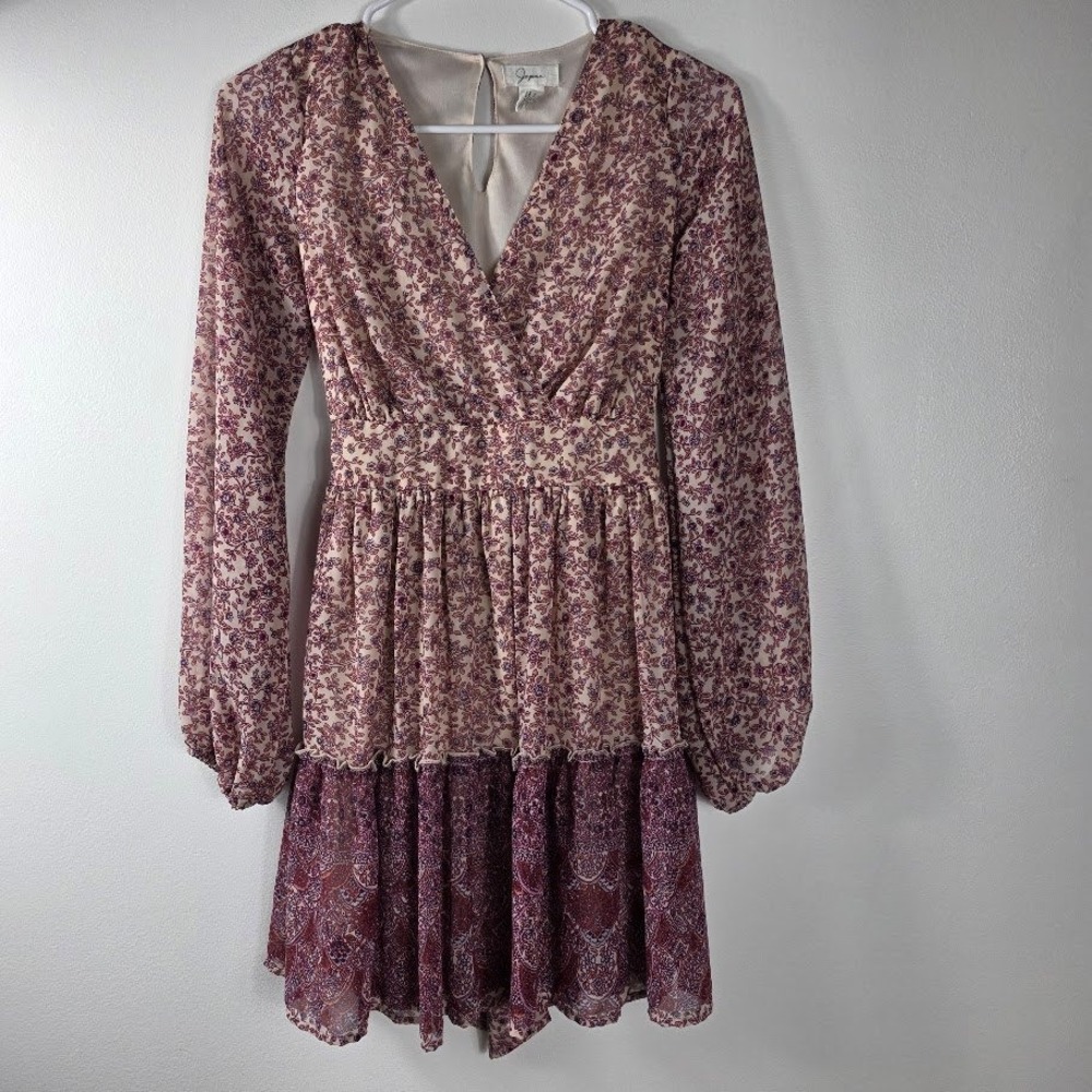 Japana Floral Dress XS Tiered Mini Long Sleeve V Neck Boho Flowy